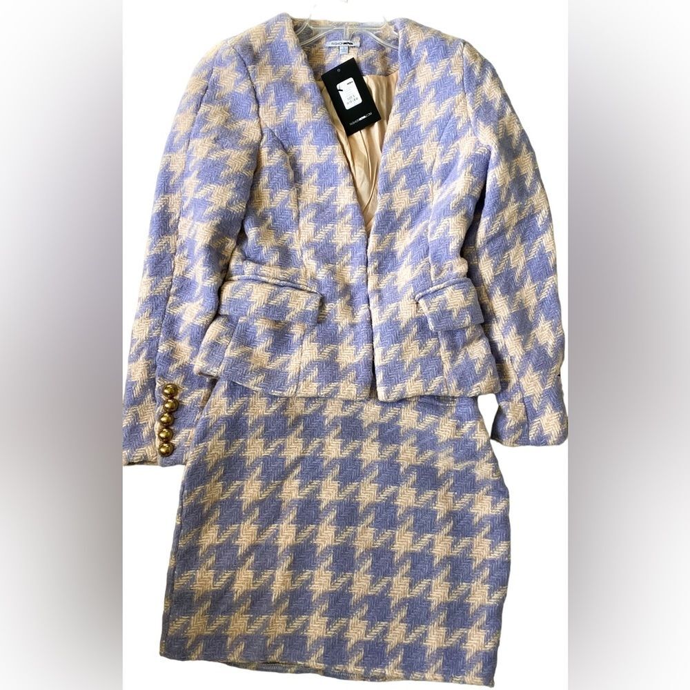 Fashion Nova Purple Pink Houndstooth Tweed Jacket Skirt Suit Set Size Small